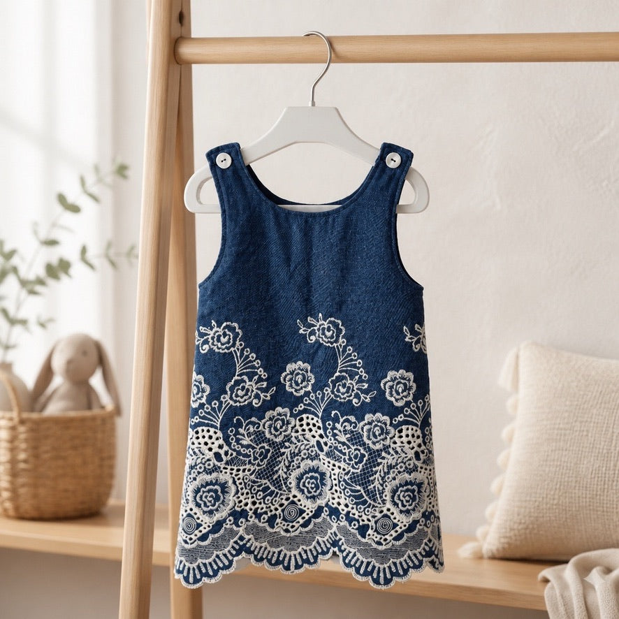 Robe en Jean brodé  "Grande Dentelle  Blanc"