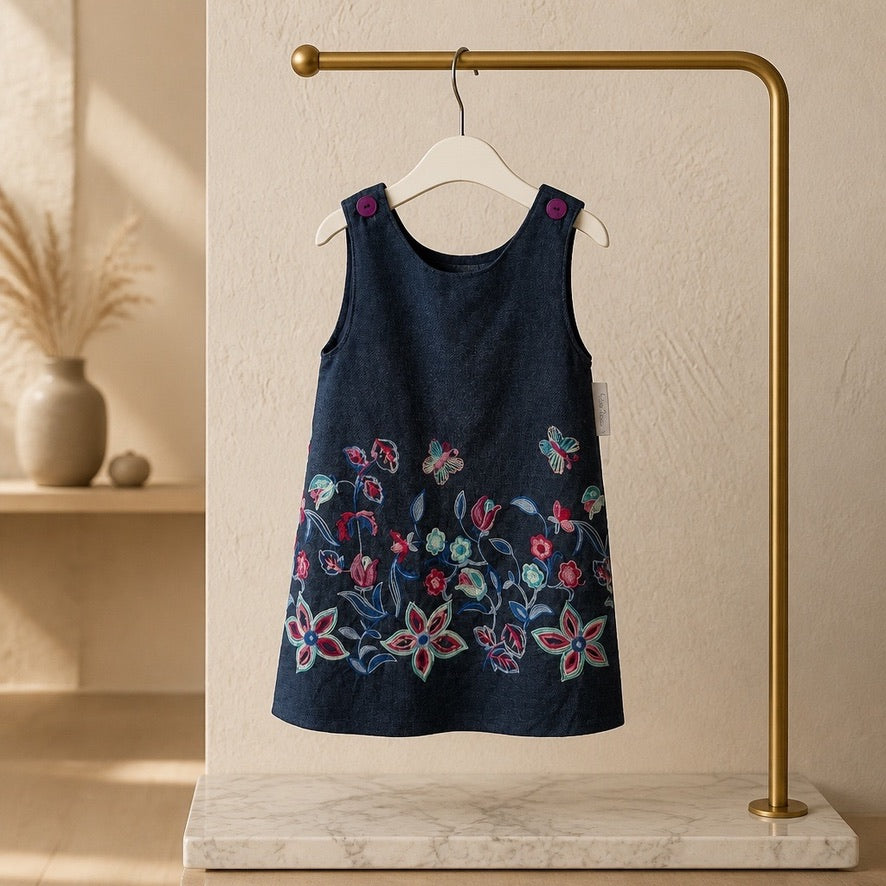 Robe en Jean brodé  "Bleu & Rose "